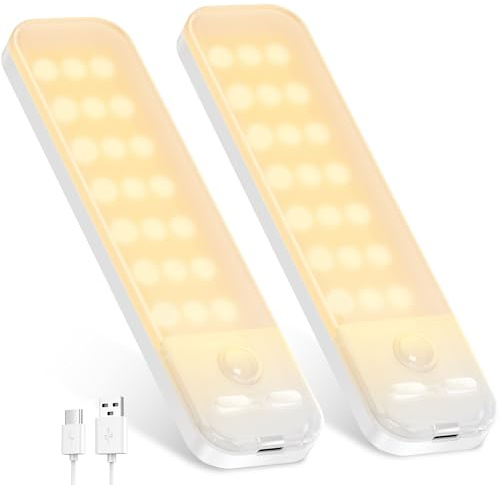 OUILA Under Cabinet Kitchen Lights, 21 LED [2 Pack] Warm White Motion Sensor Lights Indoor, 1000mAh USB-C Rechargeable LED Lights for Cupboard, Kitchen