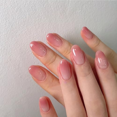 KQueenest Ombre Press on Nails Short, French Tip False Nails Short Oval, Gradient Pink Fake Nails Press ons, Perfectly Fit, Reusable Gel Stick on Nail for Women Daily Wear, 24 Pcs