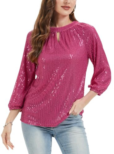 Women's Sparkly Sequin Top 3/4 Sleeve Keyhole Neck Blouse Tunic Night Out | Sparkly Top Going Out Tops 3/4 Long Sleeve T Shirt for Women Keyhole Neck Blouse Fully Lined Tunic Party Night Blouses