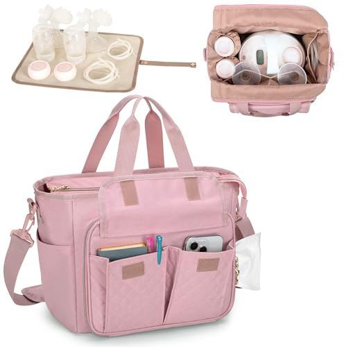 LUXJA Breast Pump Bag Compatible with Spectra S1 and S2 (with a Waterproof Mat), Pumping Bag for Breast Pump and Extra Parts, Pink