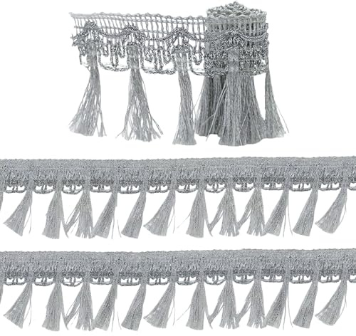 10 Meter Fransenborte Bordüre Silber 60mm Quastenborte Hängende Quastenspitze Fransenband für Vorhänge, Kleidung, Schuhe und Hüte, Wohnkultur (Silber)