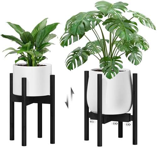 Bamworld Adjustable Plant Stand Indoor, Bamboo Plant Holder 8 to 12 Inches, Small Corner Planter Stand for Indoor Plants, Single Floor Plant Stand for Living Room Balcony Bedroom(Black)