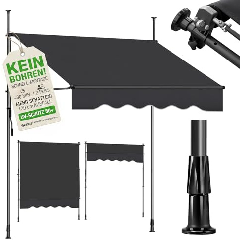 Sekey Klemmmarkise 300 cm breit, Markise Balkon ohne Bohren mit Handkurbel, 130 cm Ausfall, 0-90° neigbar, UV-beständiger Sonnenschutz & wasserdicht (280g/m²), für Balkon, Terrasse & Garten, Anthrazit