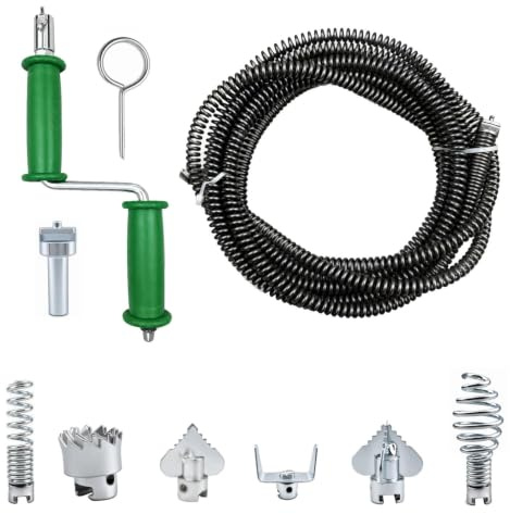 Desatascador en espiral, Alambre Desatascador Tuberías, 5m Ø5mm Acero con 6 Cabezales Cortantes y Adaptador Manual para Cocina Baño Lavabo