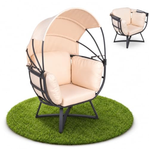 Schauer Relaxsessel DELOS Korbsessel | Gartensessel mit Sonnendach | Eiförmiger Kokon-Loungesessel Balkonsessel | Stahl & Polyethylen | Auflagen inklusive | Anthrazit/Beige | Terrasse & Garten