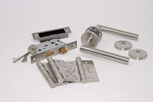 Mitred Door Handle Pack 3 Lever Lock Set with Hinges for 45MM FIRE Door, Satin Stainless Steel