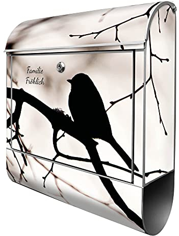 banjado® Design Briefkasten personalisiert Früher Vogel 38,5x46,5x13cm & 2 Schlüssel - Briefkasten Stahl Silber Zeitungsfach pulverbeschichtet - Postkasten A4 Einwurf inkl. Montagematerial