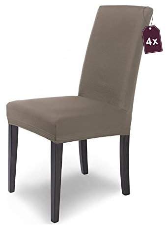 Scheffler Home Premium Stuhlhusse Mia Taupe 4er Set Stretch Husse für Schwingstühle Waschbarer Microfaser Bezug mit blickdichter Struktur als stilvoller Stuhlüberzug – Öko-Tex Zertifiziert