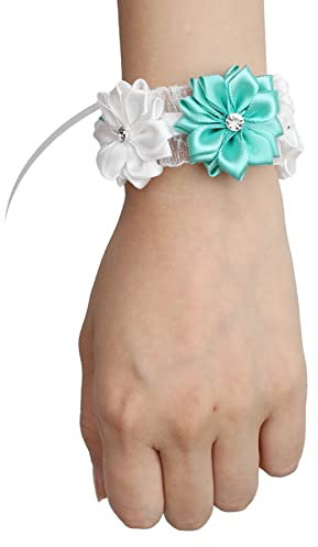 Fdit 6Pcs Bouquet da Polso in Nastro di Seta, Corsage Damigelle per Matrimonio, Fiori Polso per Sposa Ball Compleanno, Bianco Blu Chiaro