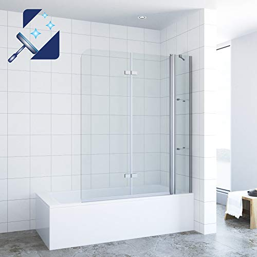AQUABATOS® 130 x 140 cm Duschtrennwand für Badewanne Badewannenfaltwand mit Festteil und Eckregalen aus 5mm Echtglas Nano Beschichtung, 130cm breite 140cm höhe faltbar Duschwand Glas Badewannenaufsatz