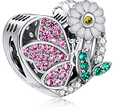 NINGAN April-Daisy Birth Flower & Butterfly Charm for Birthstone Charms Bracelets 925 Sterling Silver Pendant Bead with Cubic Zirconia Birthday Jewelry Gifts for Women Wife Mom Girls Her