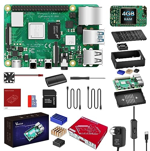 Vemico Raspberry Pi 4 4GB Starter Kit Raspberry Pi 4B 4GB di RAM con Scheda da 32GB 3 Dissipatori di Calore 2 Cavi HD Out Alimentatore USB-C 5,1V 3A Custodia ABS Ventola di Raffreddamento