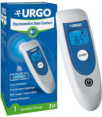 Urgo - Thermomètre Sans Contact - Technologie Infrarouge - Multi-Usages Corps et Objets - Ecran Rétroéclairé - Alerte Sonore Fièvre - Dès 2 ans