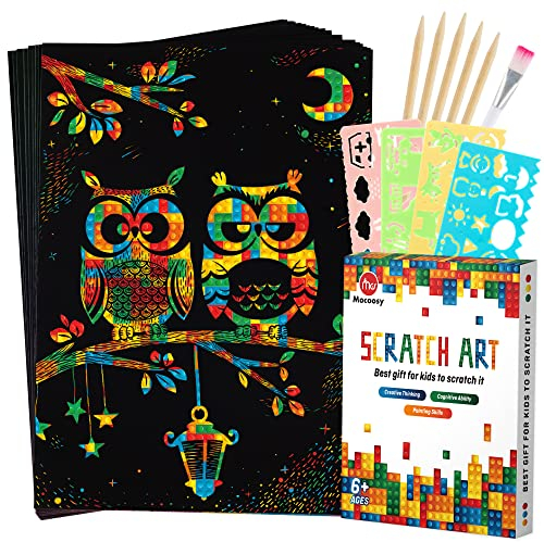Mocoosy 60pcs Kratzbilder für Kinder, Regenbogen Magie Kratzpapier Blätter, Schwarz Kratzpapier zum Zeichnen, Kratzblöcke Notizen Kunst und Basteln Sets, Geschenke für Mädchen Alter 3-12