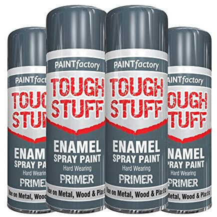 Classic Signature - 4 x Enamel Grey Primer Spray Paint 400ml Tough Stuff Hard Wearing Smooth Aerosol for Metal Wood and Plastic