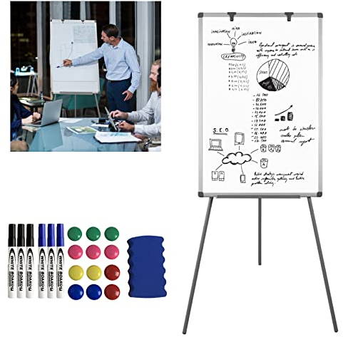 YARDIN Flipchart Magnetisch Whiteboard mit Ständer, Mobiles Whiteboards mit Dreibein Ständer, Höhenverstellbar 90-160 cm, Abwischbar, White Board mit Aluminiumrahmen, für Büro