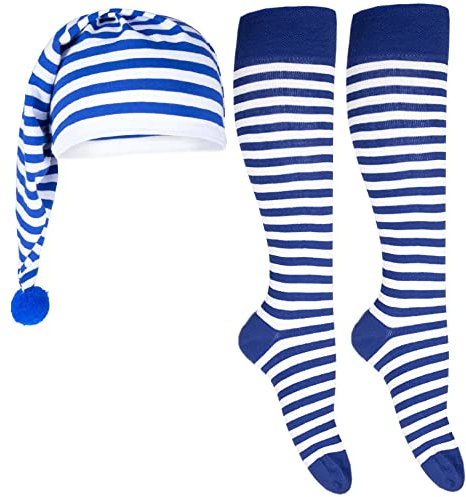 Goldschmidt Ringelstrümpfe & Zipfelmütze | Set für Erwachsene & Kinder | Kniestrümpfe Schlafmütze Ringel Streifen | Fasching Karneval | blau-weiß 23-26