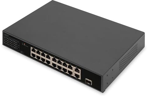 DIGITUS switch di rete Fast Ethernet PoE a 18 porte - 16x 100 Mbps RJ45 + 1x Gbps RJ45 combo + 1x porta SFP - 19 pollici - 185W PoE budget - 10/100 Mbps