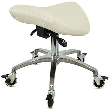 VAKON SALON - Sattelhocker mit Neigung Weiß, Sattelstuhl, Rollhocker höhenverstellbar von 50-65 cm, Drehhocker, Praxishocker, Bürohocker, Arbeitshocker