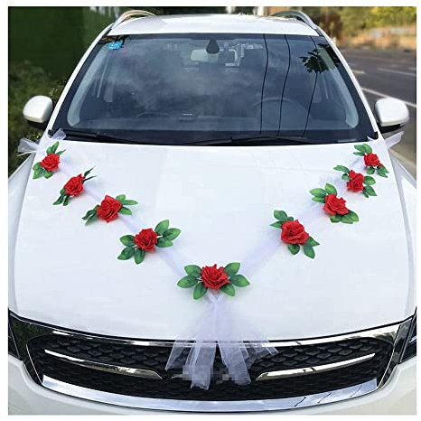 Yurosiay Autoschmuck Hochzeit Auto Blumenschmuck Weiße Organzaband Romantische Rot Rose Deko Girlande Auto Hochzeit Autoschmuck Blumen Girlande Hochzeitsschmuck Auto Hochzeitsdeko Auto 5#