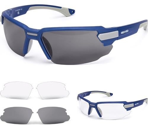 GENYED Schutzbrille mit Wechselgläsern, Sicherheits-Sonnenbrille, Sportbrille, Arbeitsschutzbrille, CE EN166 zertifiziert, Anti-Beschlag und Anti-Kratz-Beschichtung, UV400-Gläser, Sicherheitsbrille
