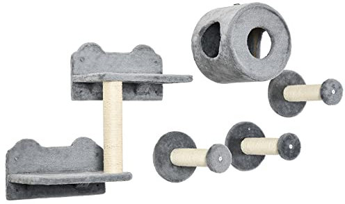 PawHut 5Pcs Cat Wall Furniture with Perch, Cat Condo, Scratching Post - Grey
