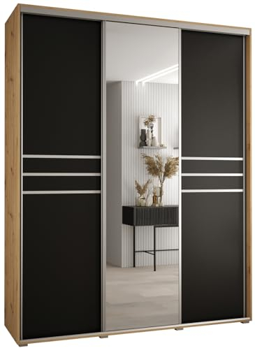 MEBLE KRYSPOL Davos 11 200 Schrank mit DREI Schiebetüren für Schlafzimmer - Moderner Schrank mit Spiegel, Kleiderstange und Regalen - 235,2x200x60 cm - Artisan Schwarz Silber
