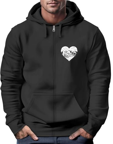 Neverless® Herren Sweatjacke Wandern Herz Print Aufdruck Motiv Zipjacke mit Kapuze Männer Outdoor Fashion schwarz XL