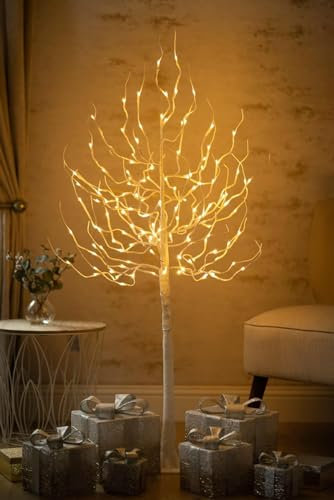 Marco Paul Christmas Twig tree white with warm led bulbs indoor Easter decorations twig tree with lights Halloween tree wedding decor outdoor (140cm Tree, 128 LED lights)