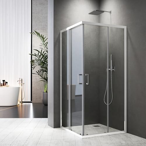 Duschkabine Eckeinstieg 80x80 cm, Doppel Schiebetür Duschabtrennung 6mm ESG Glas, Höhe 185cm Duschtür (Weiß)