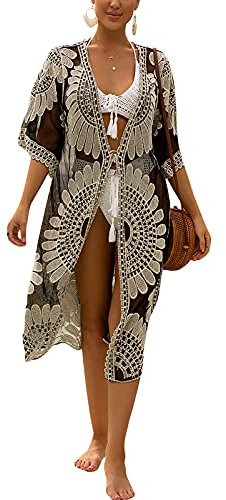 Edhomenn Women's Bikini Cover Up Long Sleeve Lace Cardigan Embroidery Print Cardigan Smock Kimono Long Beach Dress (02 Black Beige, One Size)