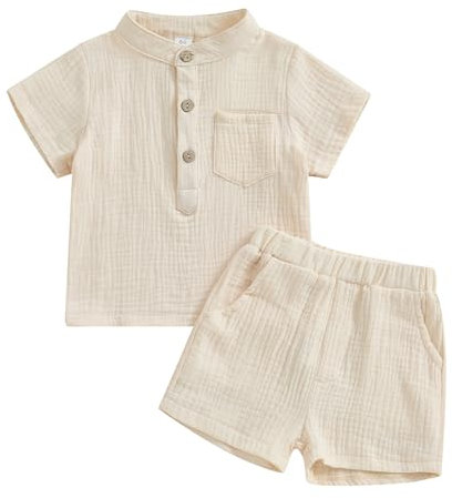 Carolilly 2 Pz Completino Bambino Set Elegante Coordinato Estivo Tuta Neonato Maschio Camicia Manica Corta Maglietta Estiva con Bottoni+ Pantaloncini Bambino da Spiaggia (Beige, 2-3 Years)