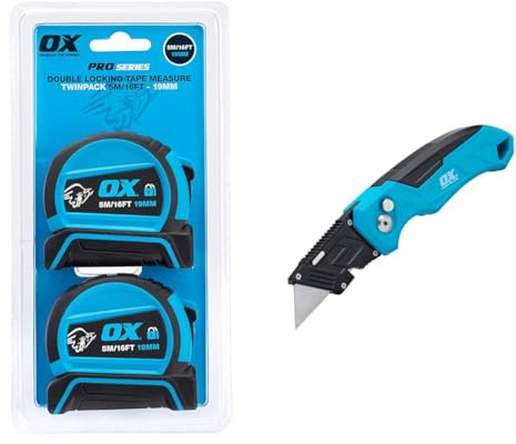 OX Pro Dual Auto Lock Tape Twinpack - 5m / 16ft & P224301 Pro Heavy Duty Fixed Blade Folding Knife, Blue/Black