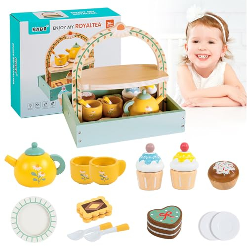 Mineup Teeservice Kinderküche Zubehör, 14pcs Teeservice Kinder Holz, Teeparty Spielküche Rollenspiele, Spielküche Zubehör, Teeparty Holzspielzeug, Geschenk Für Mädchen Jungen Kleinkinder 3 4 5 Jahren