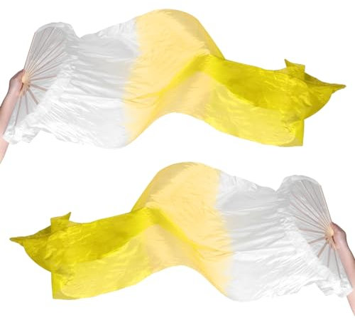 PATIKIL Belly Dance Silk Fan Veil 59, 1 Pair (Left+Right) Women Long Folding Dance Fan Wood Fan for Dance Performance, White Gradient Yellow