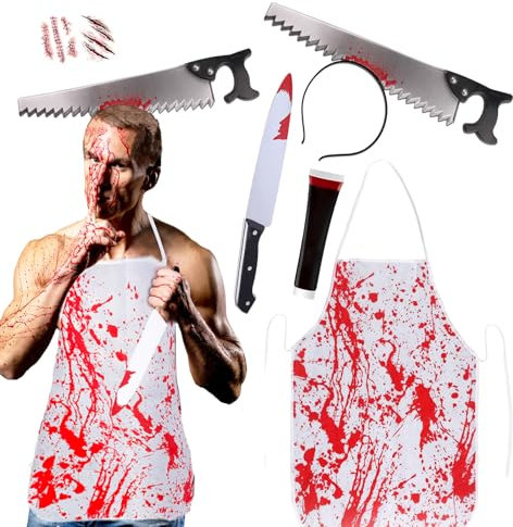 Disfraz de carnicero de Halloween para hombres adultos, delantal sangriento, cuchillo, diadema, accesorios, cicatrices de sangre falsa, tatuajes, pegatinas, traje de Halloween para adultos (Sierra)