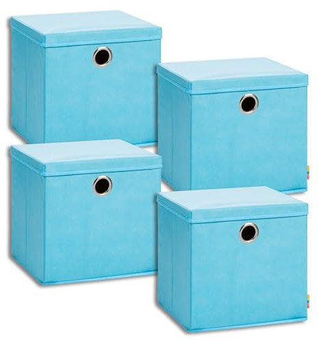 Storanda | 4er Set Aufbewahrungsbox 34x34x33 cm mit Deckel | Extra Große Griffe | Stabil & Faltbar | Regalbox für Würfelregal | Ideal für Zuhause & Kinderzimmer | Türkis