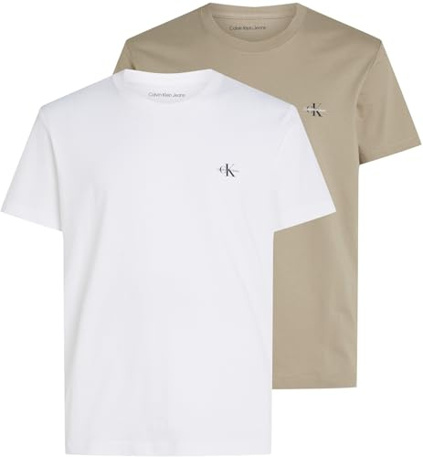 Calvin Klein Herren 2er Pack T-Shirts Kurzarm Monologo aus Baumwolle, Mehrfarbig (Bright White/Aluminum), L