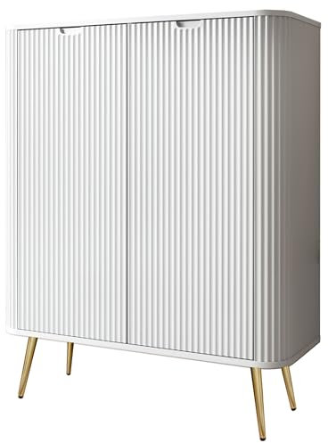 BETTSO - Kommode Hoch - Highboard - mit hohen Beinen und dekorativen Rillen - 129cm hoch, 103cm breit - für Wohnzimmer, Schlafzimmer, Flur - Weiß + Gold