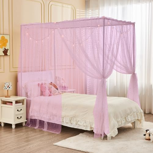 JQWUPUP Rosa glänzender Betthimmel mit Lichtern für Mädchen und Kinder, 4 Eckpfosten, Mond, Sterne, Pailletten, Prinzessin, Betthimmel, Bettvorhänge für Schlafzimmer, Dekoration (voll, Rosa)