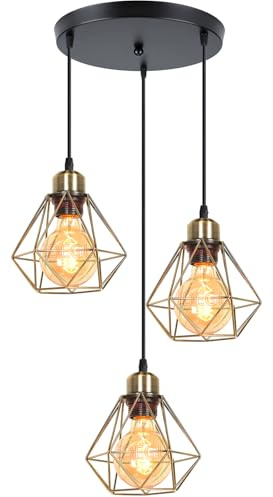iDEGU 3 Lights Vintage Ceiling Pendant Light Fitting, 16cm Geometric Cage E27 Industrial Hanging Lamp Metal Chandelier Lamp Shade for Bedroom Living Room Dining Room Kitchen (Bronze, 3-Light Round)