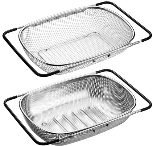 Tioncy Abtropfsieb für die Spüle, Edelstahl, feines Netz, Siebkorb mit erweiterbaren Griffen (34 cm - 54,1 cm), Siebe und Sieb, Nudeln, Gemüse, Lebensmittel, Obst, Abtropfgestell für Küche, 2 Stück