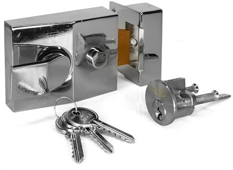 TSS Standard Non-Deadlocking Nightlatch, 60mm Backset, Complete with Rim Cylinder Lock Supplied with 3 Keys. External Door Lock for Front Door and Back Door (Polished Chrome Lock/Silver Cylinder)