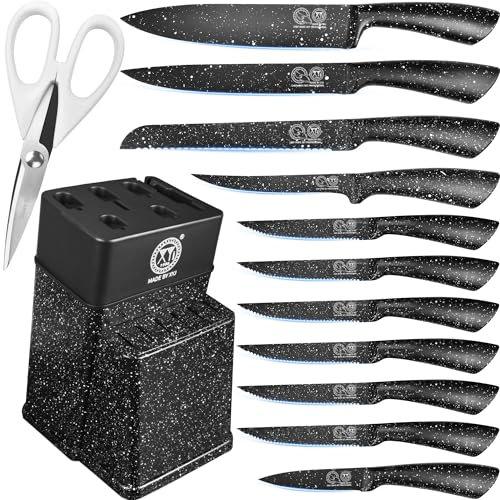 XYJ Juego de cuchillos de cocina de acero inoxidable con soporte, juego de cuchillos de cocina japoneses profesionales, cuchillo de trinchar, tijeras, cuchillo de carne, cuchillo de pan, cuchillo de