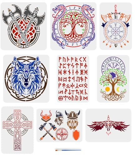 FINGERINSPIRE 9 Stück Zeichenschablone Mit Wikinger Motiv Und Einem Pinsel In 2 Größen: Wikinger Keltischer Knoten Waffen Schild Wolf Lebensbaum Krähe Malvorlage Zum Malen Auf Holz Wänden Und Möbeln