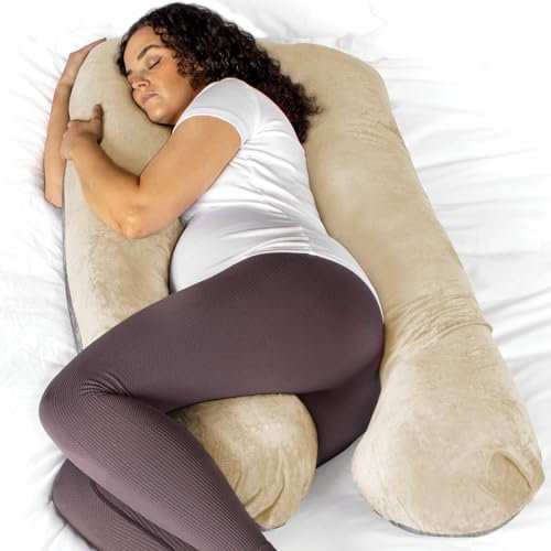 Aamira Cream & Dark Grey Pregnancy Pillow, 130x75x20cm U Shaped Shredded Memory Foam Maternity Pillow, Full Body Support Pregnancy Pillows for Sleeping, Machine Washable & Removable Velvet Cover