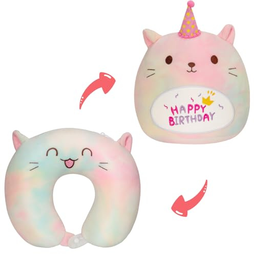 Nackenkissen Kinder 2 In 1, NackenhöRnchen Kinder mit Katze Plüschkissen, Verformbares 25CM Happy Birthday Plüschtier, U-förmige Katze Plüschtier Reisekissen Kinder für Flugzeug, Auto, Nickerchen