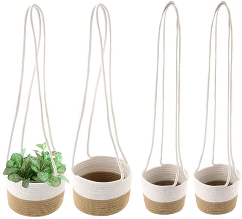 HEIYUET 4 Stück Pflanzkorb Hängend Innen, 2 Größen Baumwollseil Blumentöpfe Hängend Aufbewahrungskorb, Boho Baumwolle Hängeampel Blumenampel Hängetopf für Innen Zimmerpflanzen