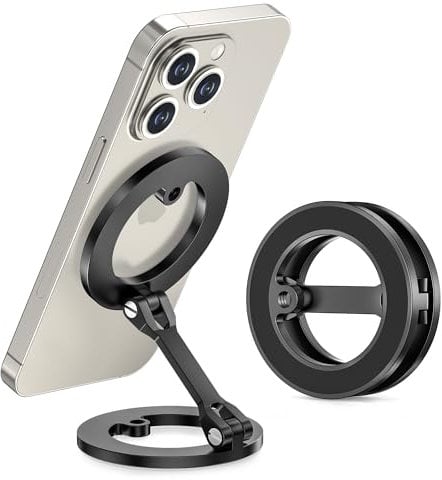 Itramax Aluminium Phone Holder, Dual Magnetic Ring Stand for iPhone 12/13/14/15/16 Series, MagSafe & Non-MagSafe Cases, 360° Rotation, Black