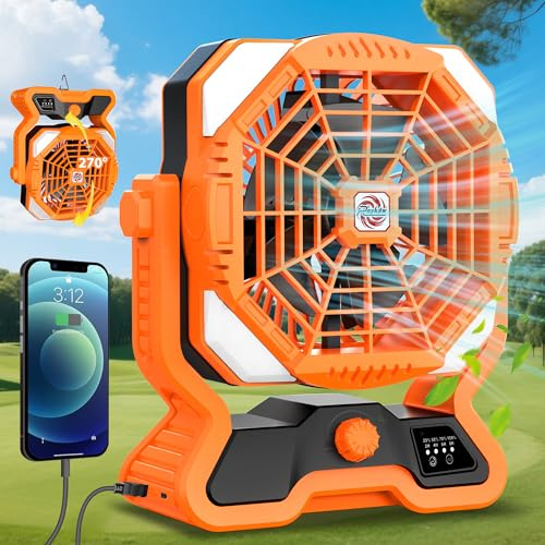 Roykaw Ventilador portátil de camping con linterna LED, batería recargable de 20000 mAh, 36 horas más allá de la resistencia, inalámbrico para exteriores, velocidad continua/doble hoja, con puerto USB